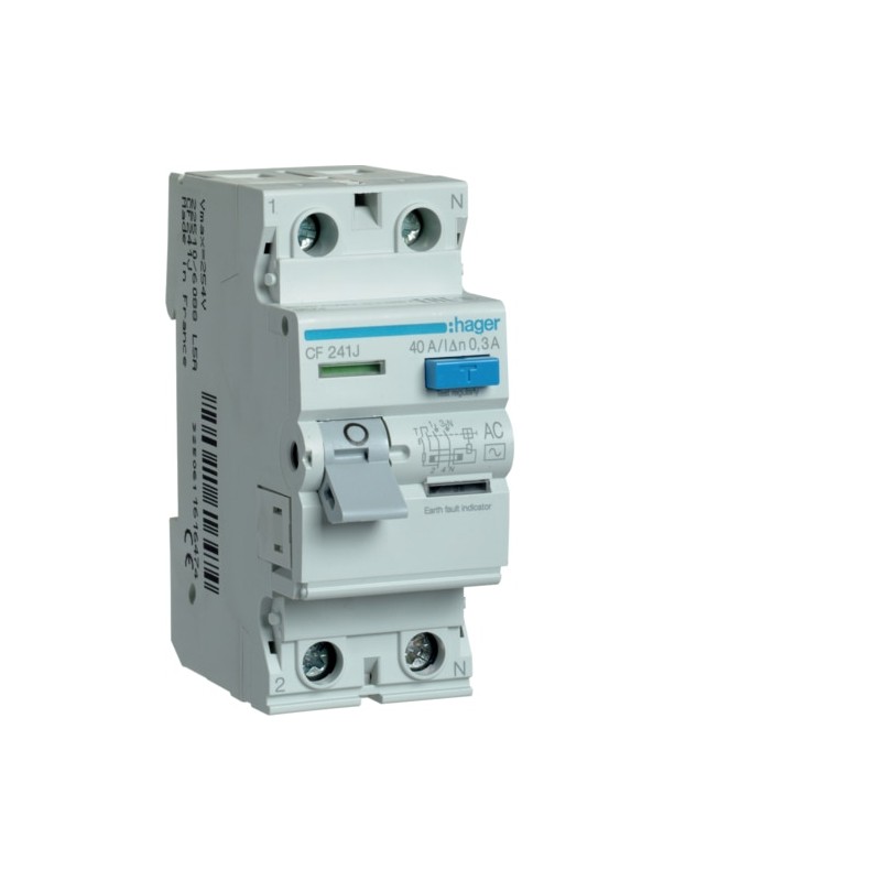 CF241J Hager - Interrupteur différentiel 2P 40A 300mA - Type AC - Auxiliarisable - Entrée haute / Sortie Basse