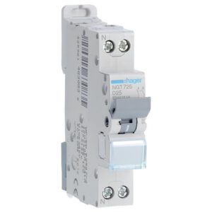 NGT725 Disjoncteur Hager 25A - 1P+N - 6-10kA - courbe D - Bornes décalées à vis - NGT - 1 module