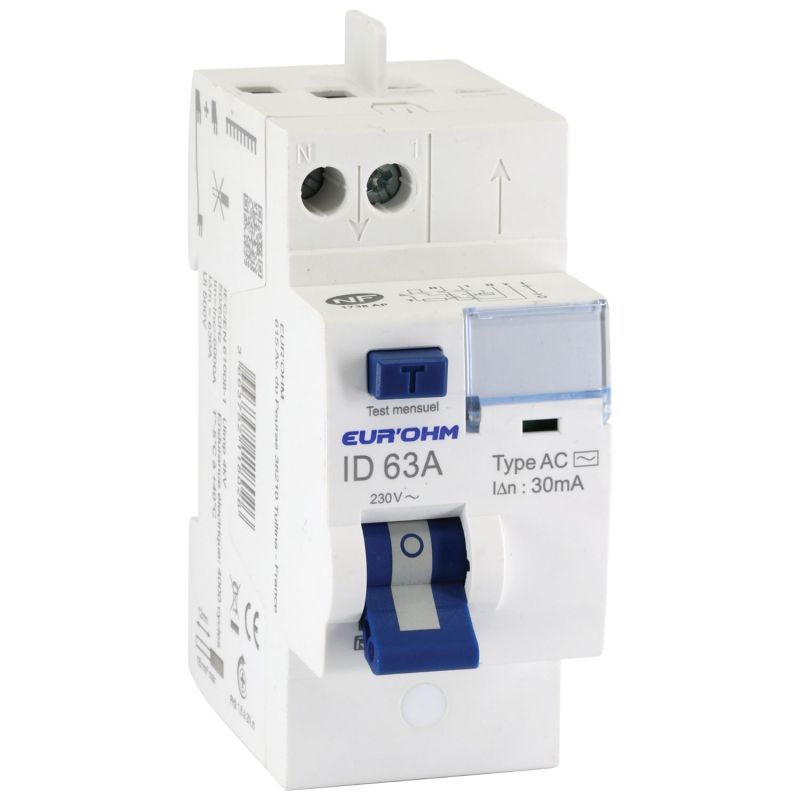 23463 EUR'OHM Interrupteur différentiel 63A 1P+N 30mA arrivée haute + départ haut - Automatique type AC NF