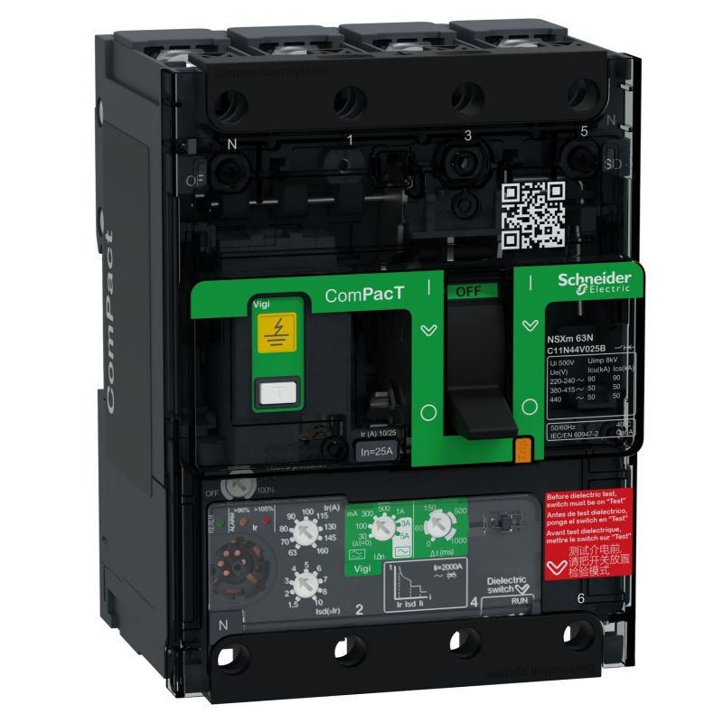 C11E44V025B Schneider ComPact NSXm - disjoncteur 25A MicroLogic Vigi 4.1 - 16kA - 4P 4d - bornes pour cosses