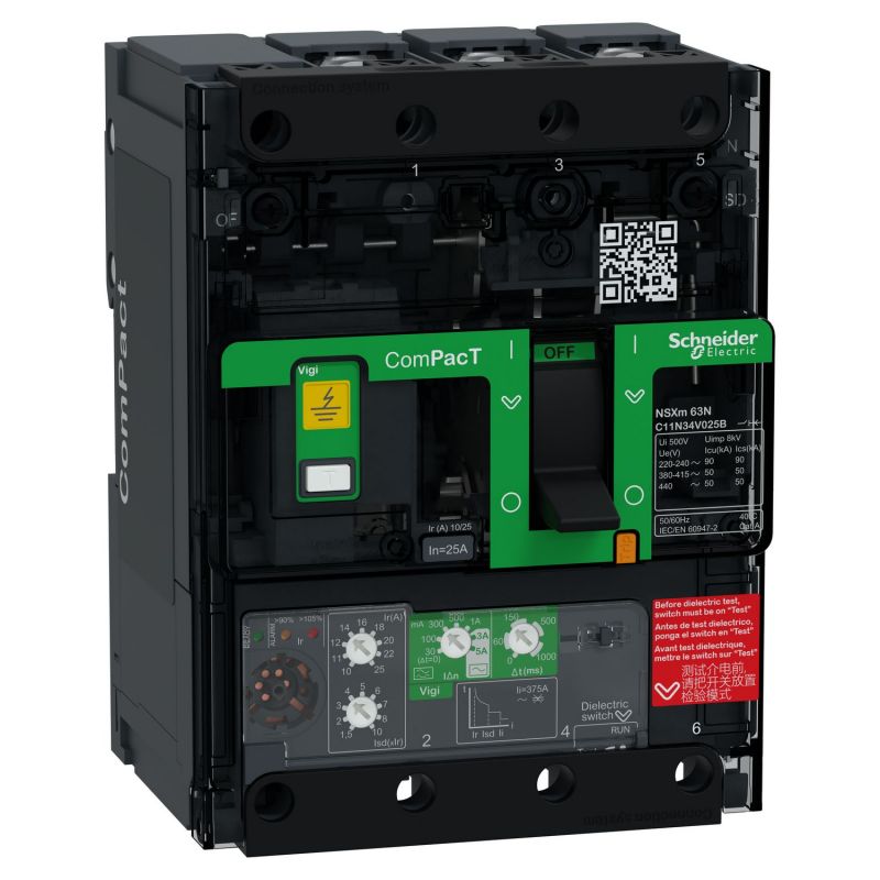 C11N34V050B Schneider ComPact NSXm - disjoncteur 50A MicroLogic Vigi 4.1 - 50kA - 3P 3d - bornes pour cosses