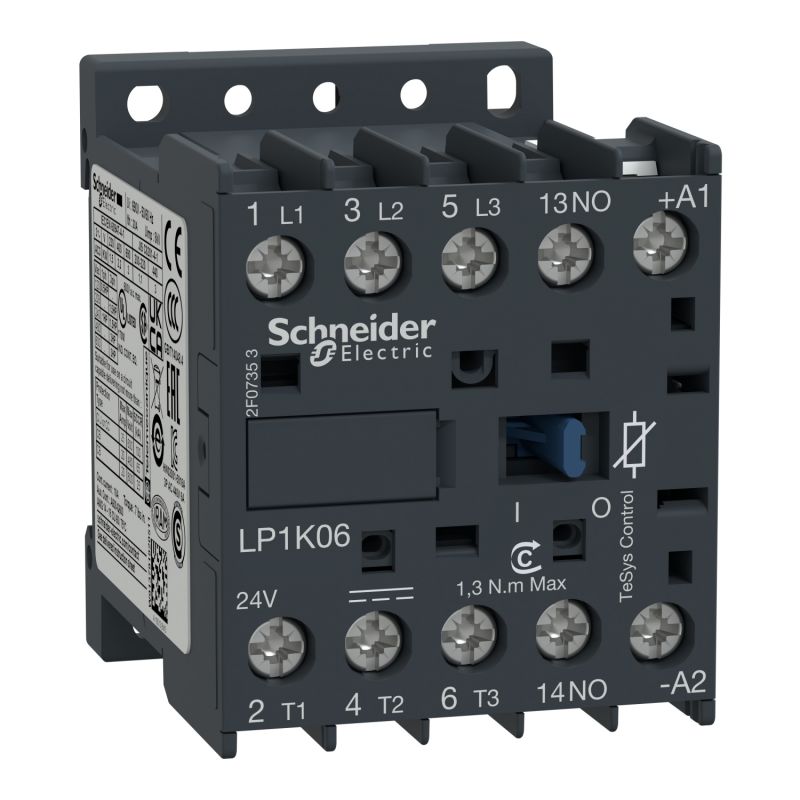 LP1K0610BD Schneider - Contacteur tripolaire - 3NO - 6A - Bobine 24Vcc - Vis